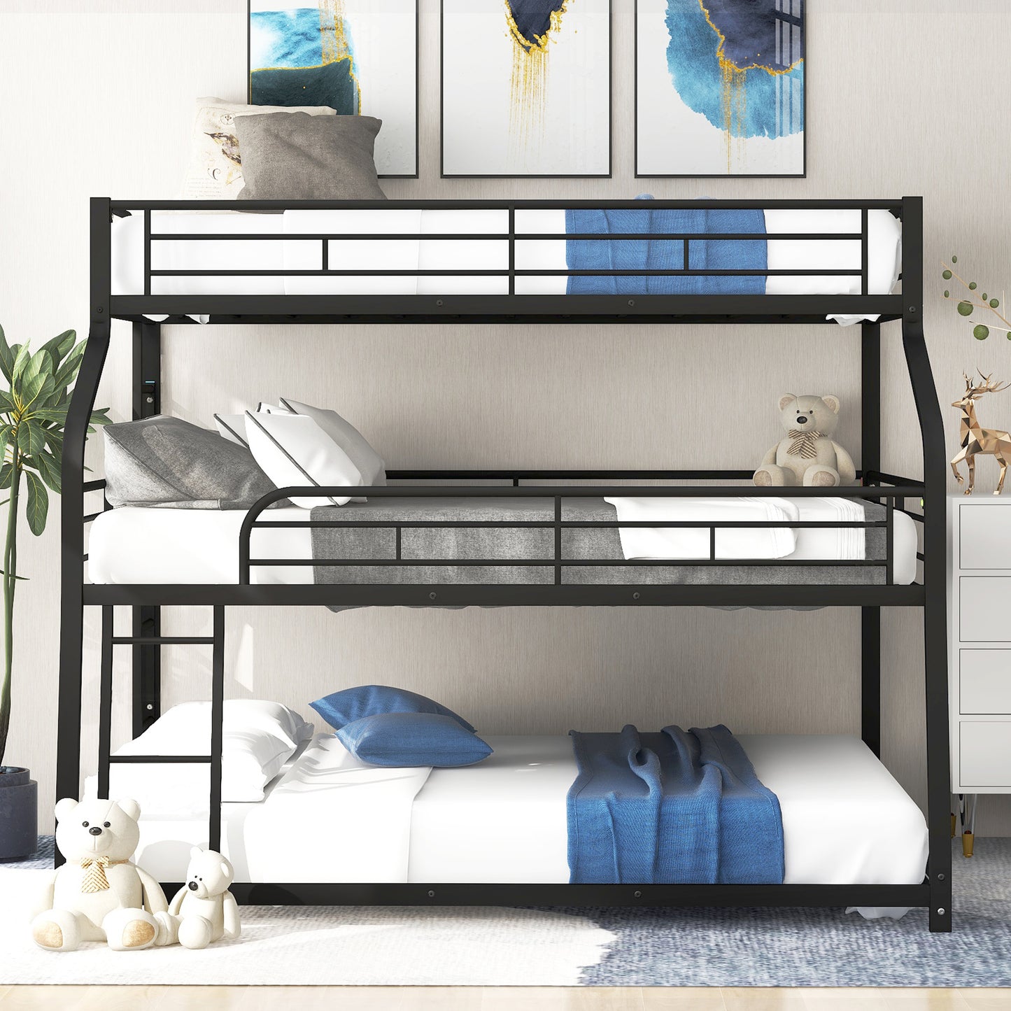 Twin XL/Full XL/Queen Triple Bunk Bed with Long and Short Ladder and Full-Length Guardrails,Black image 2