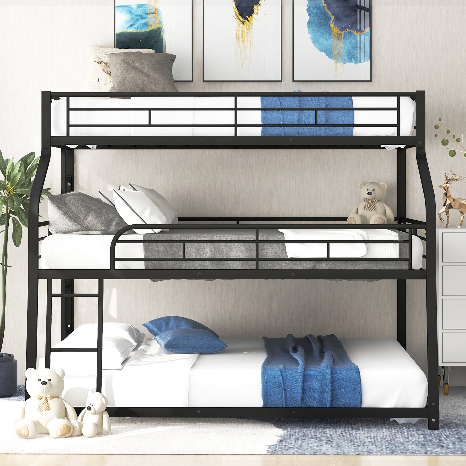 Twin XL/Full XL/Queen Triple Bunk Bed with Long and Short Ladder and Full-Length Guardrails,Black image 2