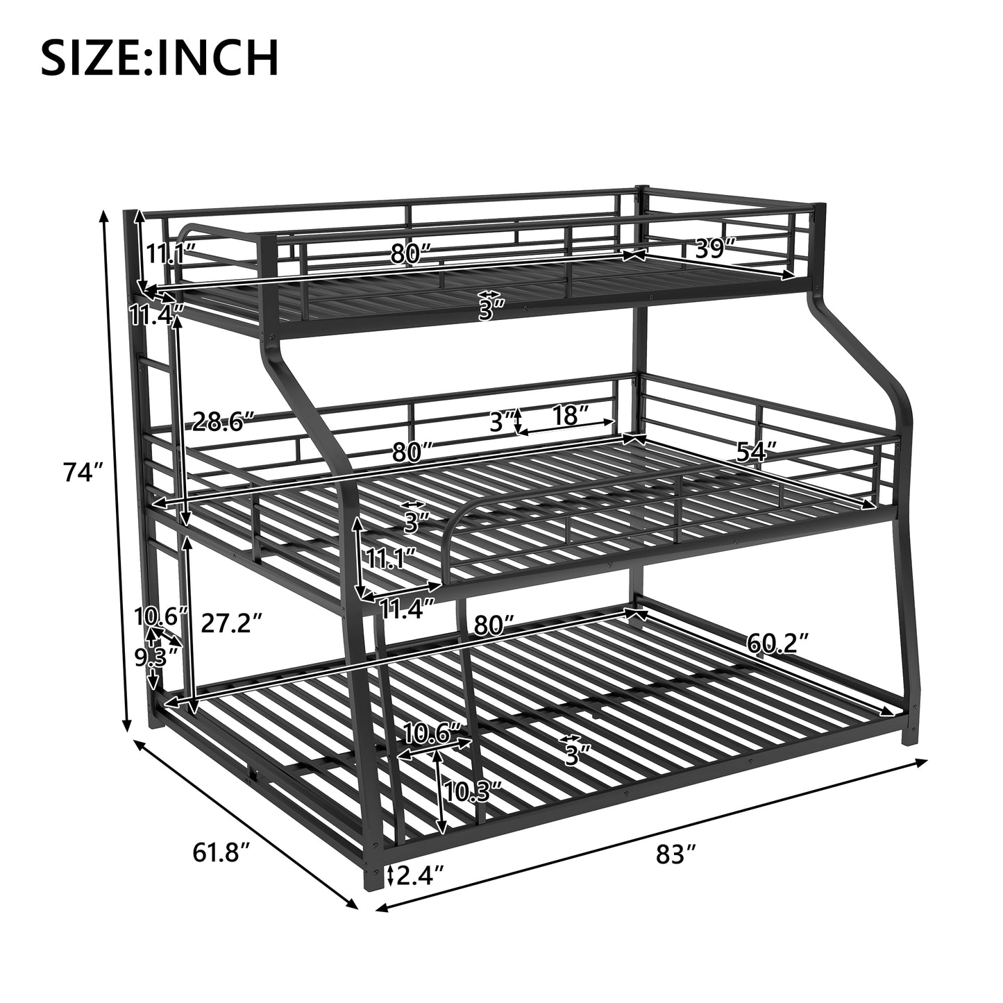 Twin XL/Full XL/Queen Triple Bunk Bed with Long and Short Ladder and Full-Length Guardrails,Black image 4