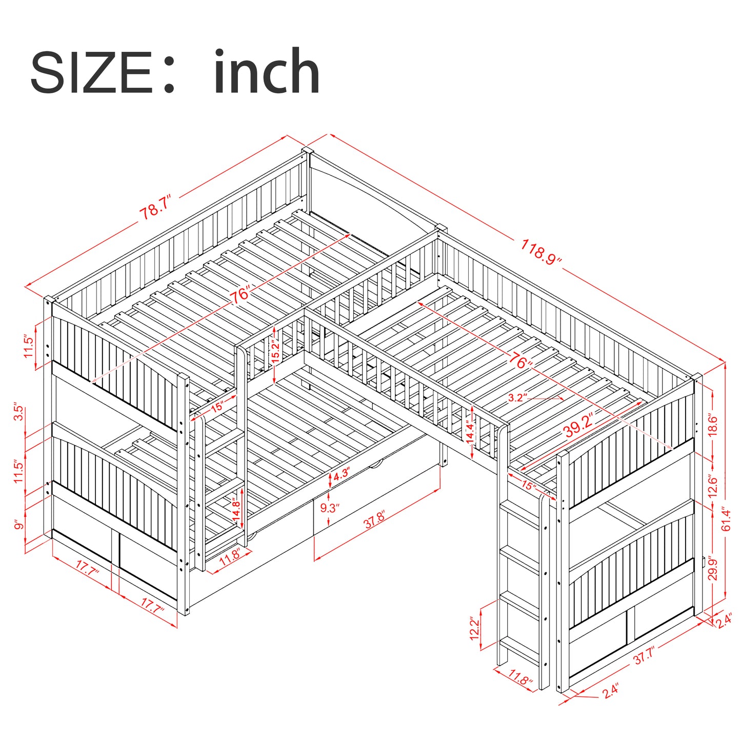 Twin Size Bunk Bed with a Loft Bed attached, with Two Drawers,White image 5