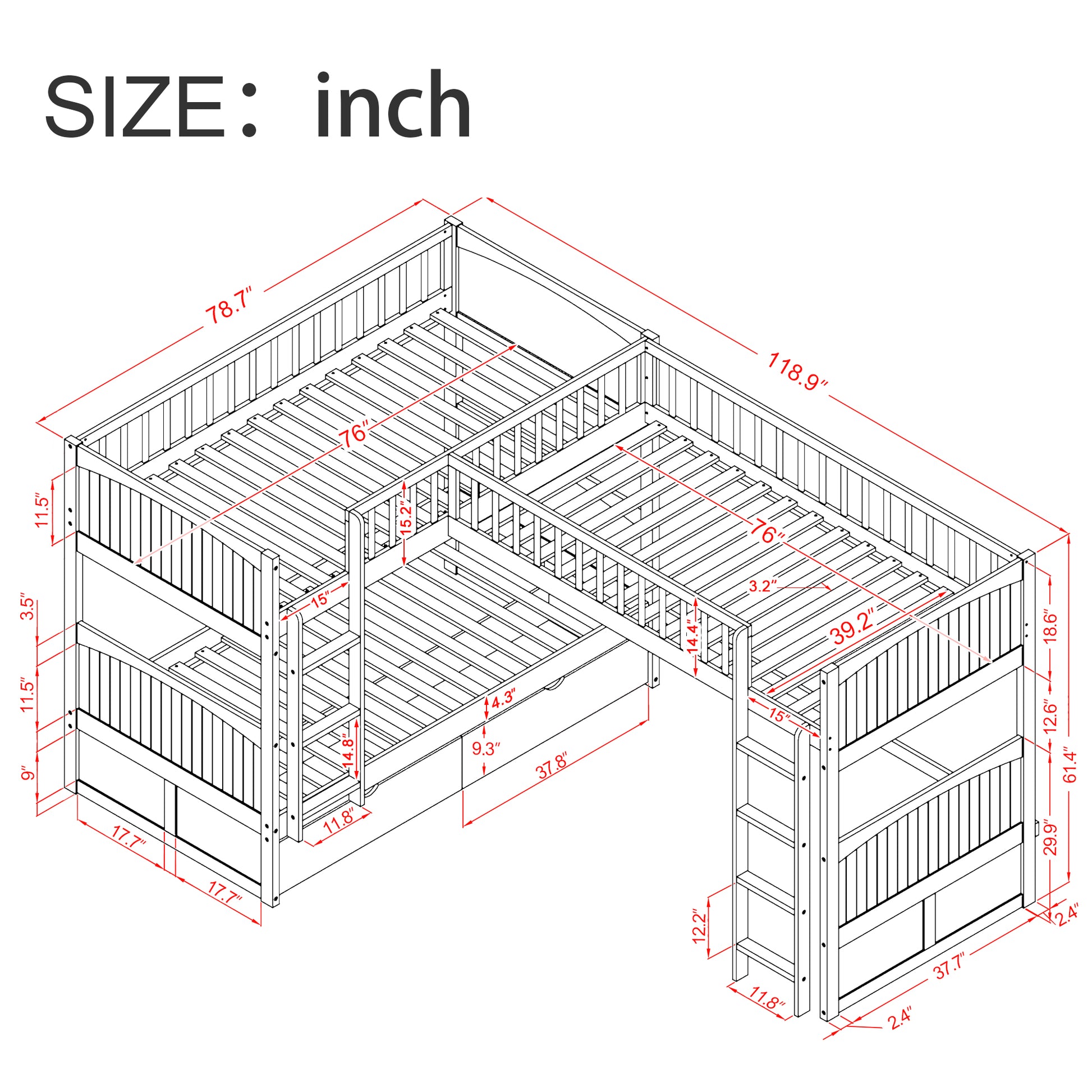 Twin Size Bunk Bed with a Loft Bed attached, with Two Drawers,White image 5