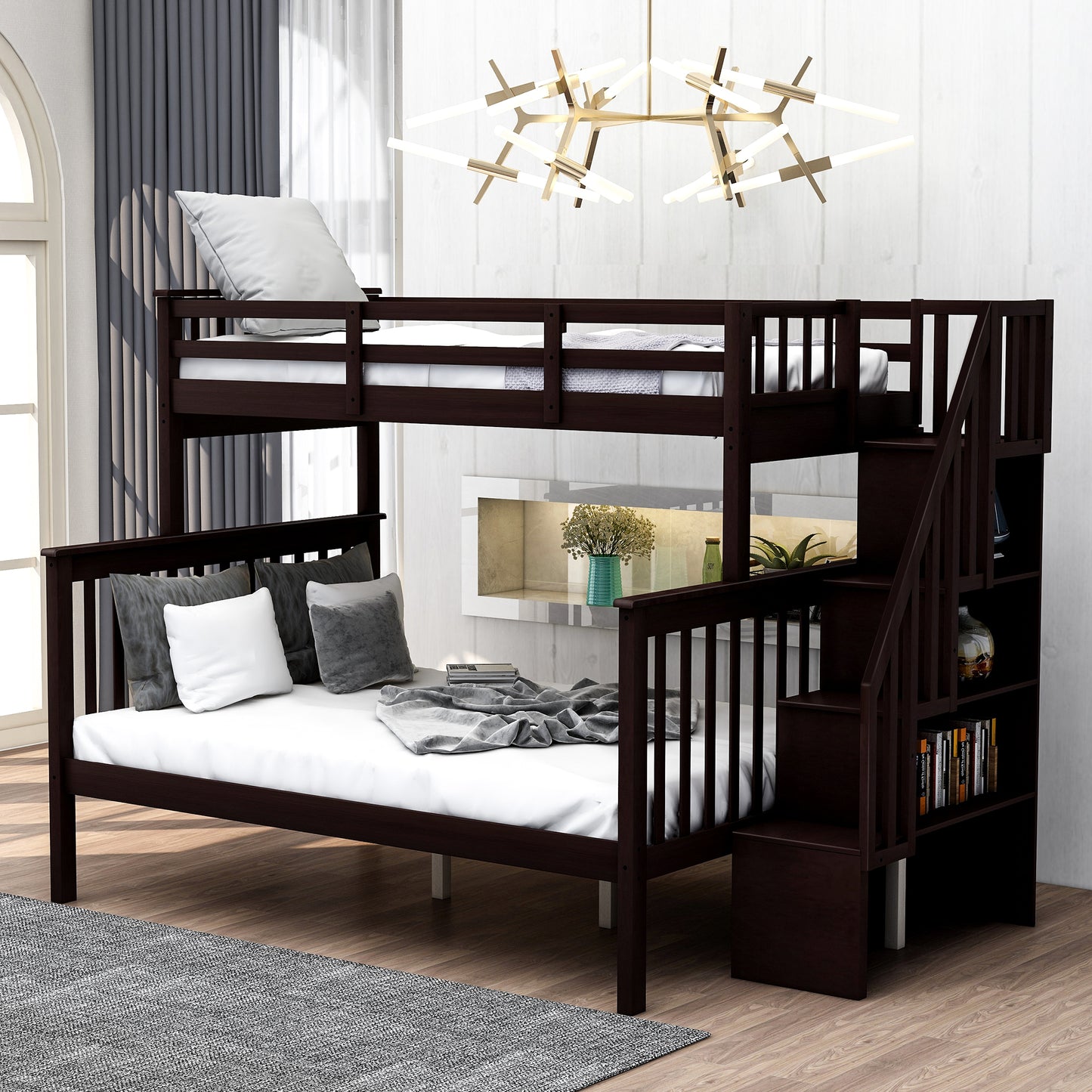 Stairway Twin-Over-Full Bunk Bed with Storage and Guard Rail for Bedroom, Espresso color(OLD SKU:LT000019AAP) image 1