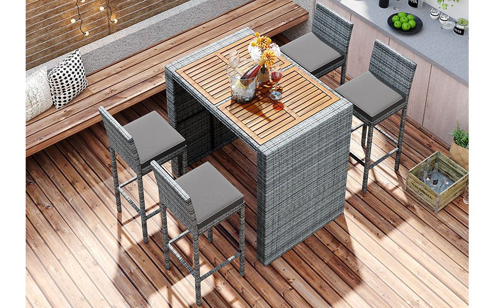 <Old SKU: FG201216AAE> GO 5-pieces Outdoor Patio Wicker Bar Set, Bar Height Chairs With Non-Slip Feet And Fixed Rope, Removable Cushion, Acacia Wood Table Top, Brown Wood And Gray Wicker image 7