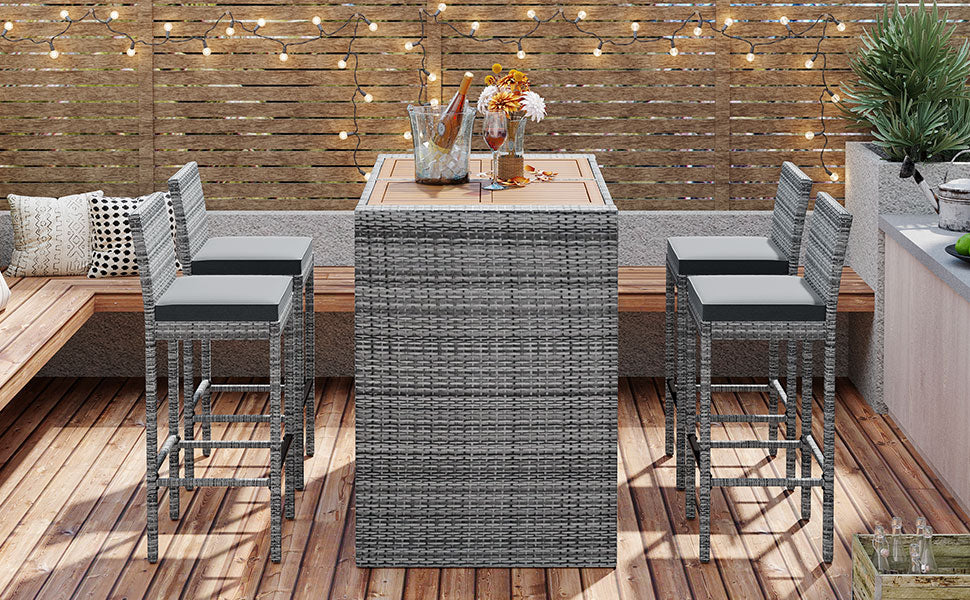 <Old SKU: FG201216AAE> GO 5-pieces Outdoor Patio Wicker Bar Set, Bar Height Chairs With Non-Slip Feet And Fixed Rope, Removable Cushion, Acacia Wood Table Top, Brown Wood And Gray Wicker image 8