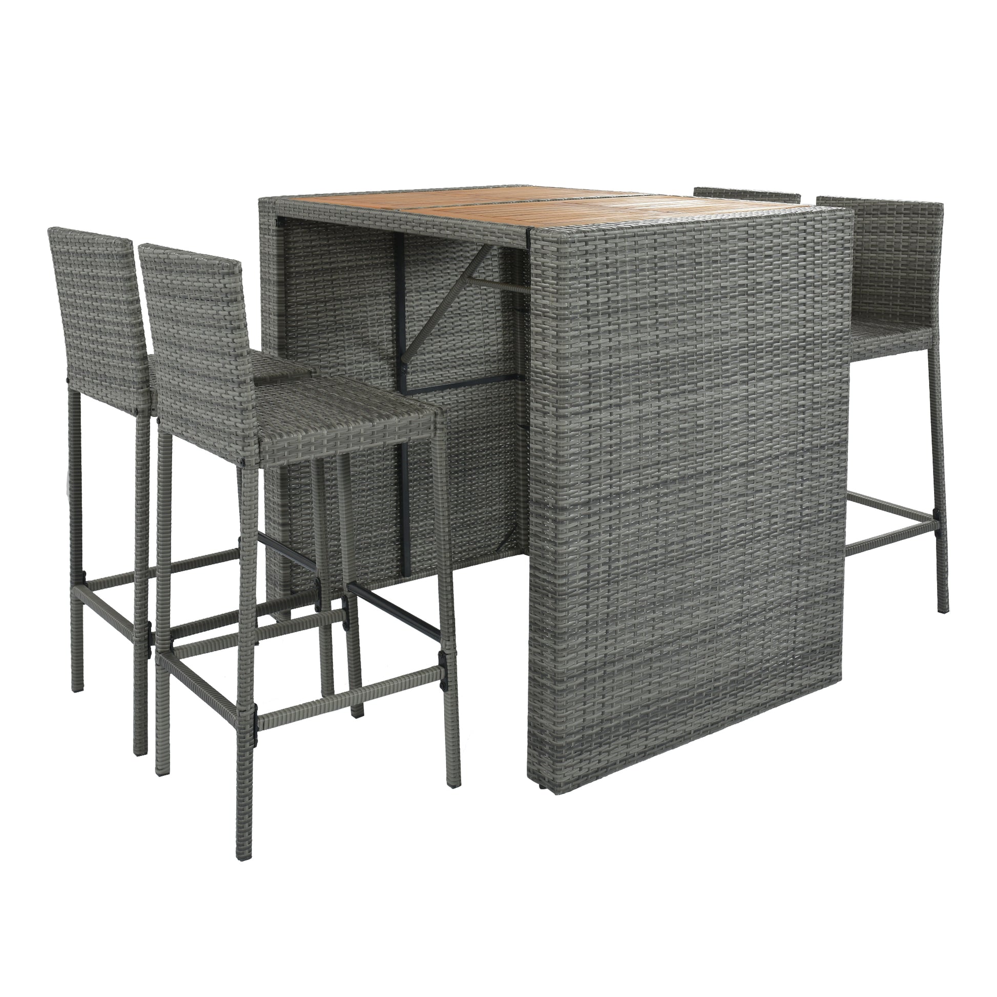 <Old SKU: FG201216AAE> GO 5-pieces Outdoor Patio Wicker Bar Set, Bar Height Chairs With Non-Slip Feet And Fixed Rope, Removable Cushion, Acacia Wood Table Top, Brown Wood And Gray Wicker image 12