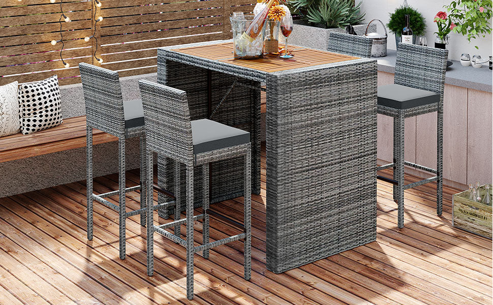 <Old SKU: FG201216AAE> GO 5-pieces Outdoor Patio Wicker Bar Set, Bar Height Chairs With Non-Slip Feet And Fixed Rope, Removable Cushion, Acacia Wood Table Top, Brown Wood And Gray Wicker image 6