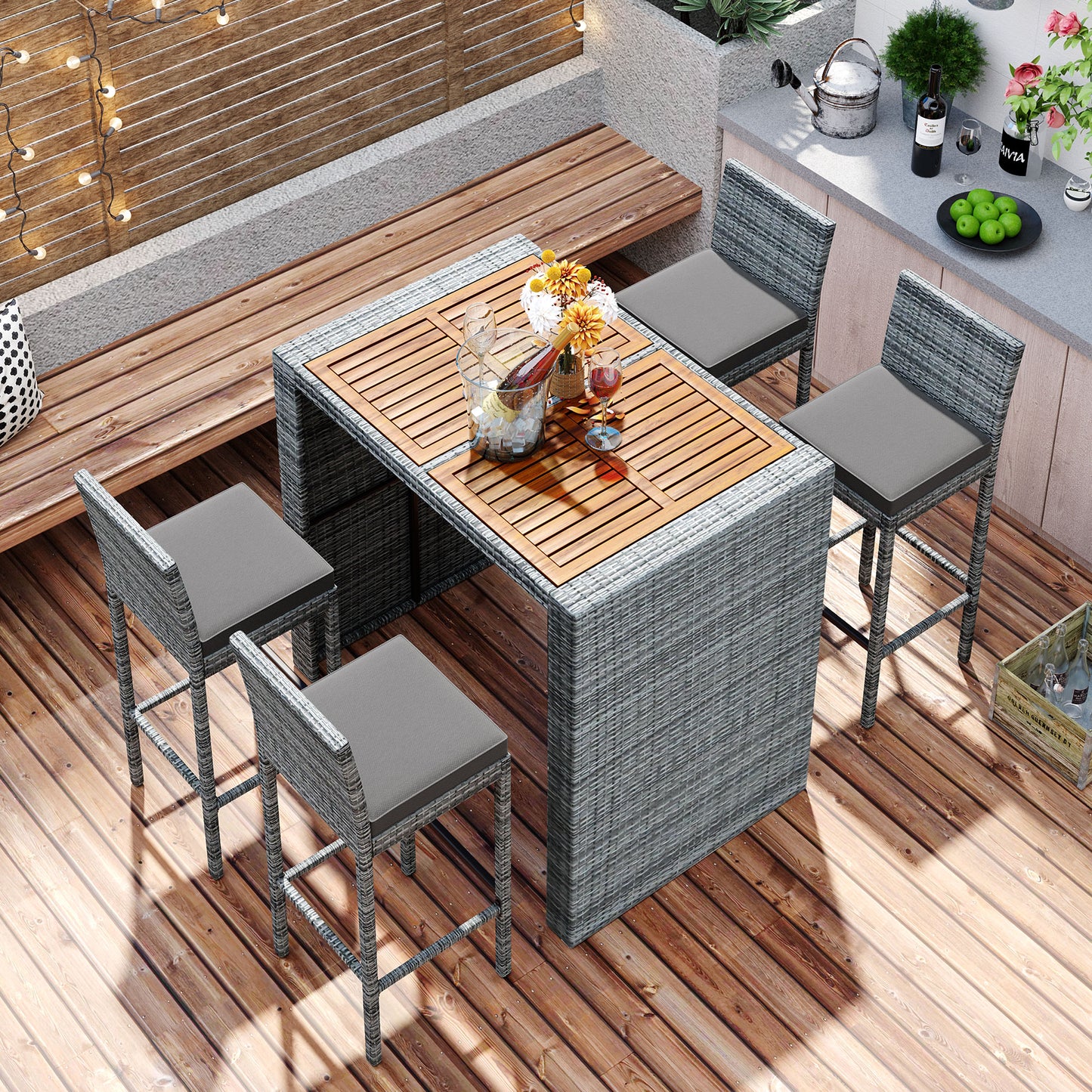 <Old SKU: FG201216AAE> GO 5-pieces Outdoor Patio Wicker Bar Set, Bar Height Chairs With Non-Slip Feet And Fixed Rope, Removable Cushion, Acacia Wood Table Top, Brown Wood And Gray Wicker image 4