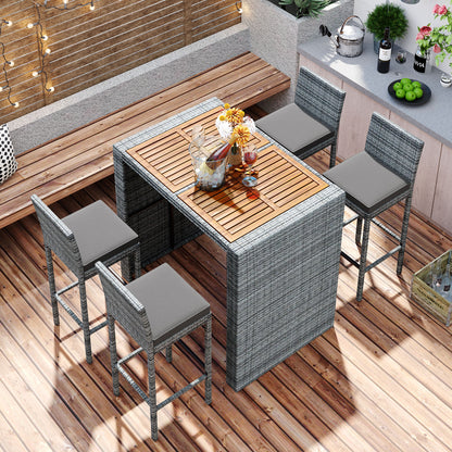 <Old SKU: FG201216AAE> GO 5-pieces Outdoor Patio Wicker Bar Set, Bar Height Chairs With Non-Slip Feet And Fixed Rope, Removable Cushion, Acacia Wood Table Top, Brown Wood And Gray Wicker image 4