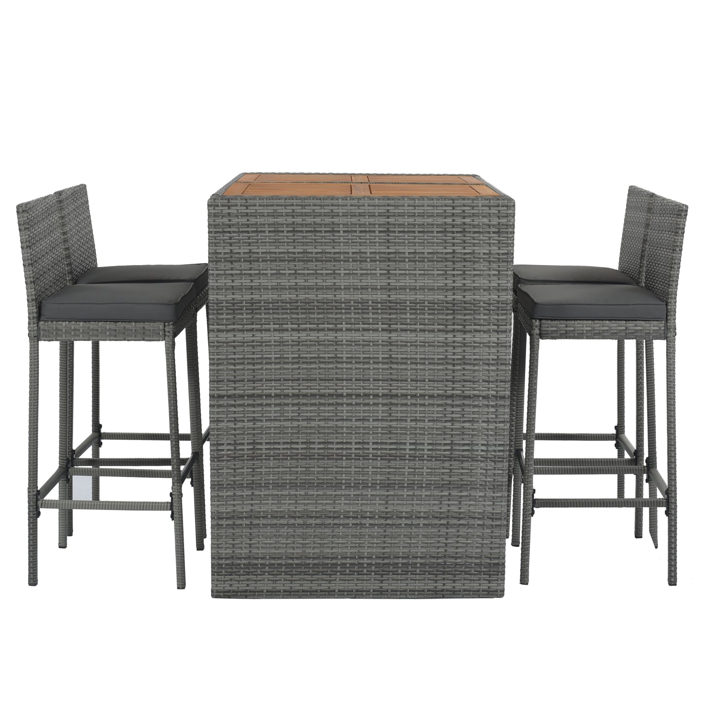<Old SKU: FG201216AAE> GO 5-pieces Outdoor Patio Wicker Bar Set, Bar Height Chairs With Non-Slip Feet And Fixed Rope, Removable Cushion, Acacia Wood Table Top, Brown Wood And Gray Wicker image 11
