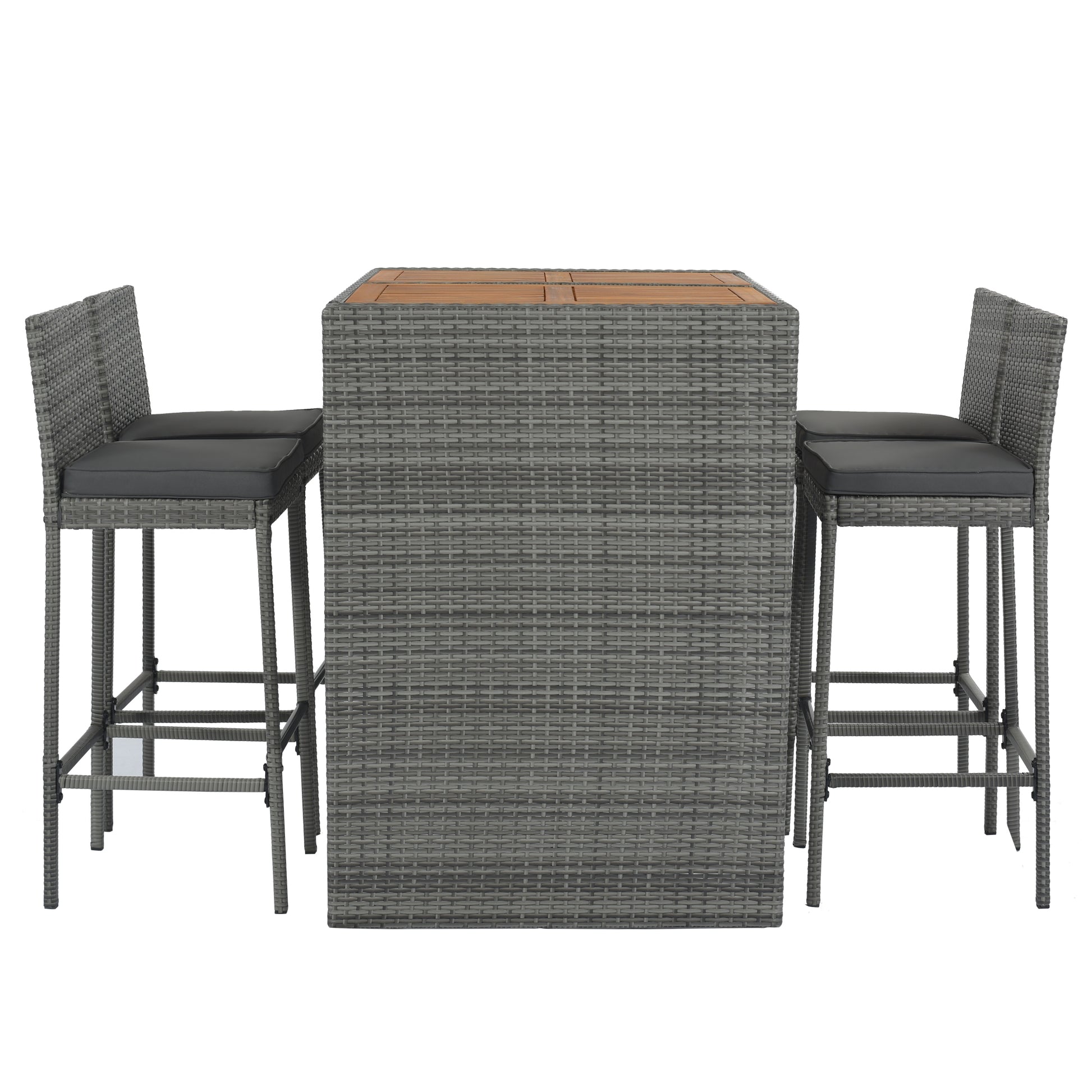 <Old SKU: FG201216AAE> GO 5-pieces Outdoor Patio Wicker Bar Set, Bar Height Chairs With Non-Slip Feet And Fixed Rope, Removable Cushion, Acacia Wood Table Top, Brown Wood And Gray Wicker image 11