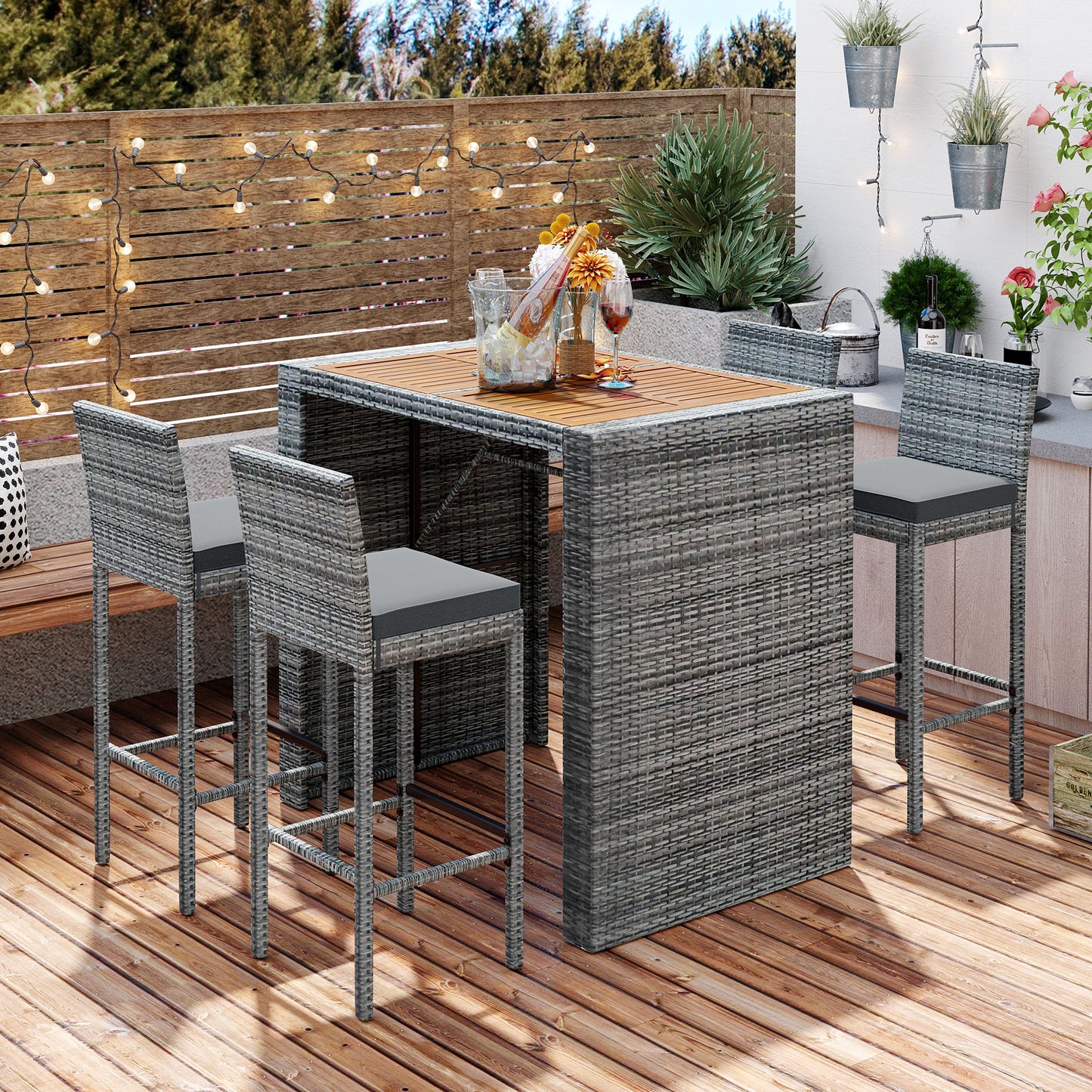 <Old SKU: FG201216AAE> GO 5-pieces Outdoor Patio Wicker Bar Set, Bar Height Chairs With Non-Slip Feet And Fixed Rope, Removable Cushion, Acacia Wood Table Top, Brown Wood And Gray Wicker image 3