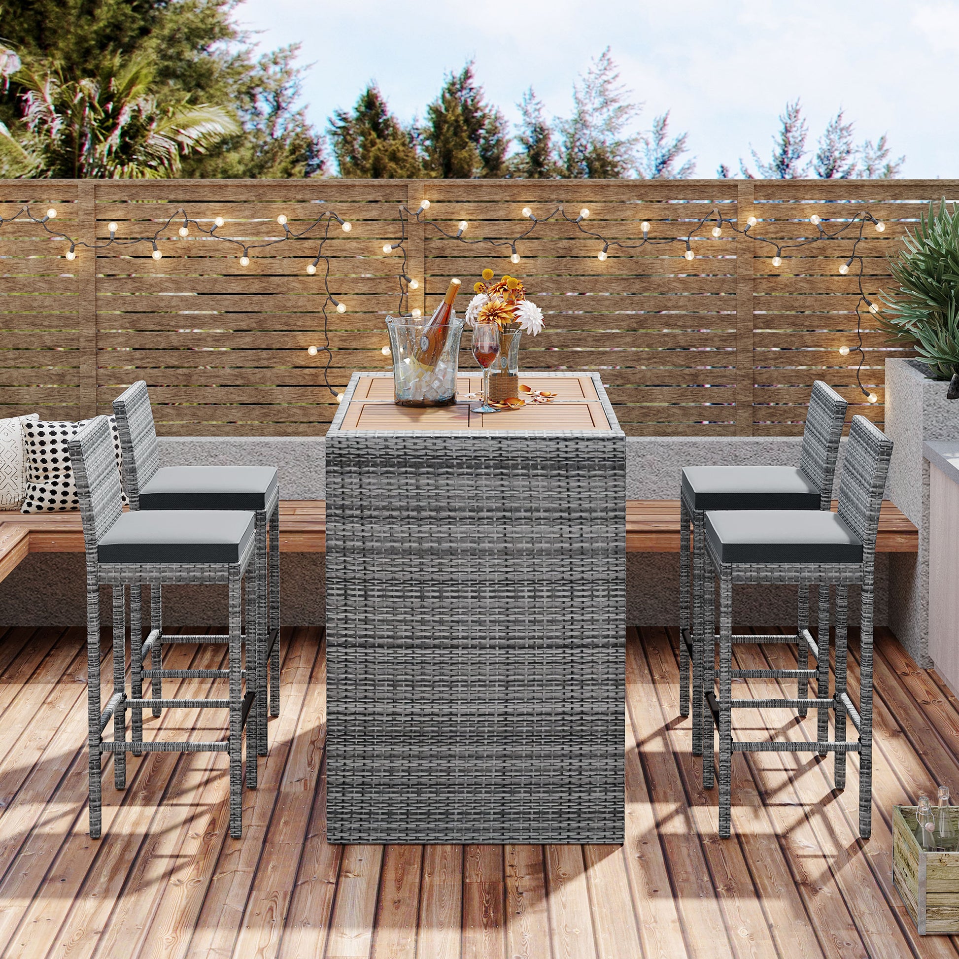 <Old SKU: FG201216AAE> GO 5-pieces Outdoor Patio Wicker Bar Set, Bar Height Chairs With Non-Slip Feet And Fixed Rope, Removable Cushion, Acacia Wood Table Top, Brown Wood And Gray Wicker image 5
