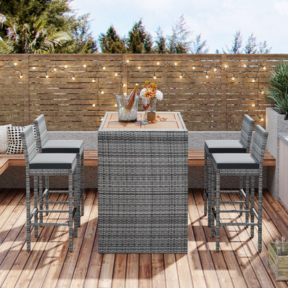 <Old SKU: FG201216AAE> GO 5-pieces Outdoor Patio Wicker Bar Set, Bar Height Chairs With Non-Slip Feet And Fixed Rope, Removable Cushion, Acacia Wood Table Top, Brown Wood And Gray Wicker image 5
