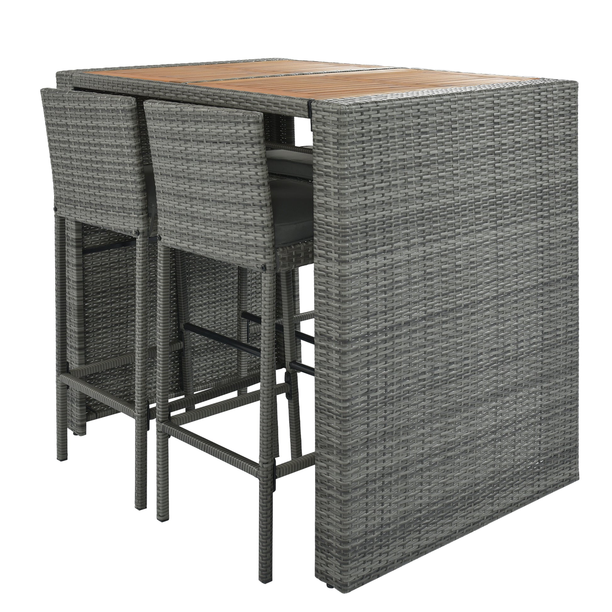 <Old SKU: FG201216AAE> GO 5-pieces Outdoor Patio Wicker Bar Set, Bar Height Chairs With Non-Slip Feet And Fixed Rope, Removable Cushion, Acacia Wood Table Top, Brown Wood And Gray Wicker image 10