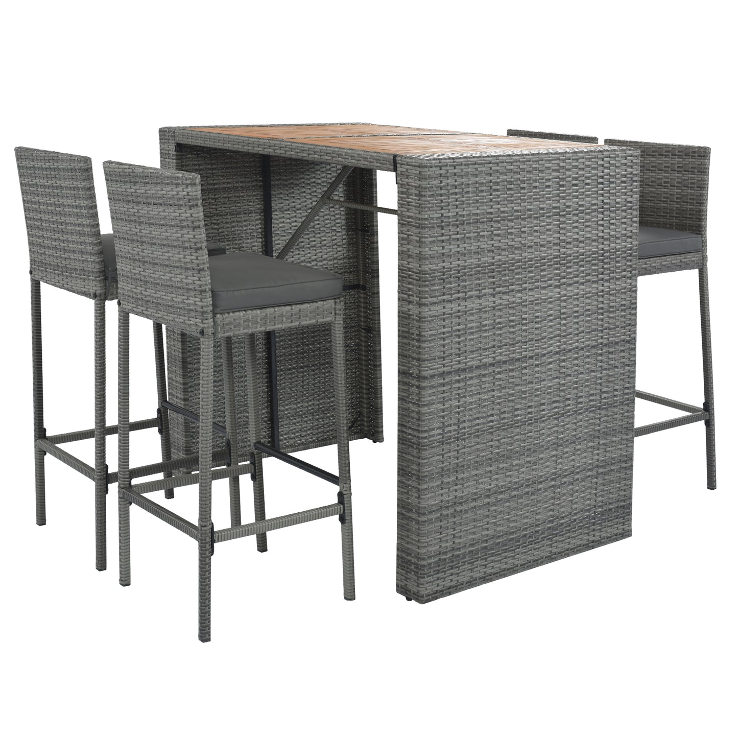 <Old SKU: FG201216AAE> GO 5-pieces Outdoor Patio Wicker Bar Set, Bar Height Chairs With Non-Slip Feet And Fixed Rope, Removable Cushion, Acacia Wood Table Top, Brown Wood And Gray Wicker image 9