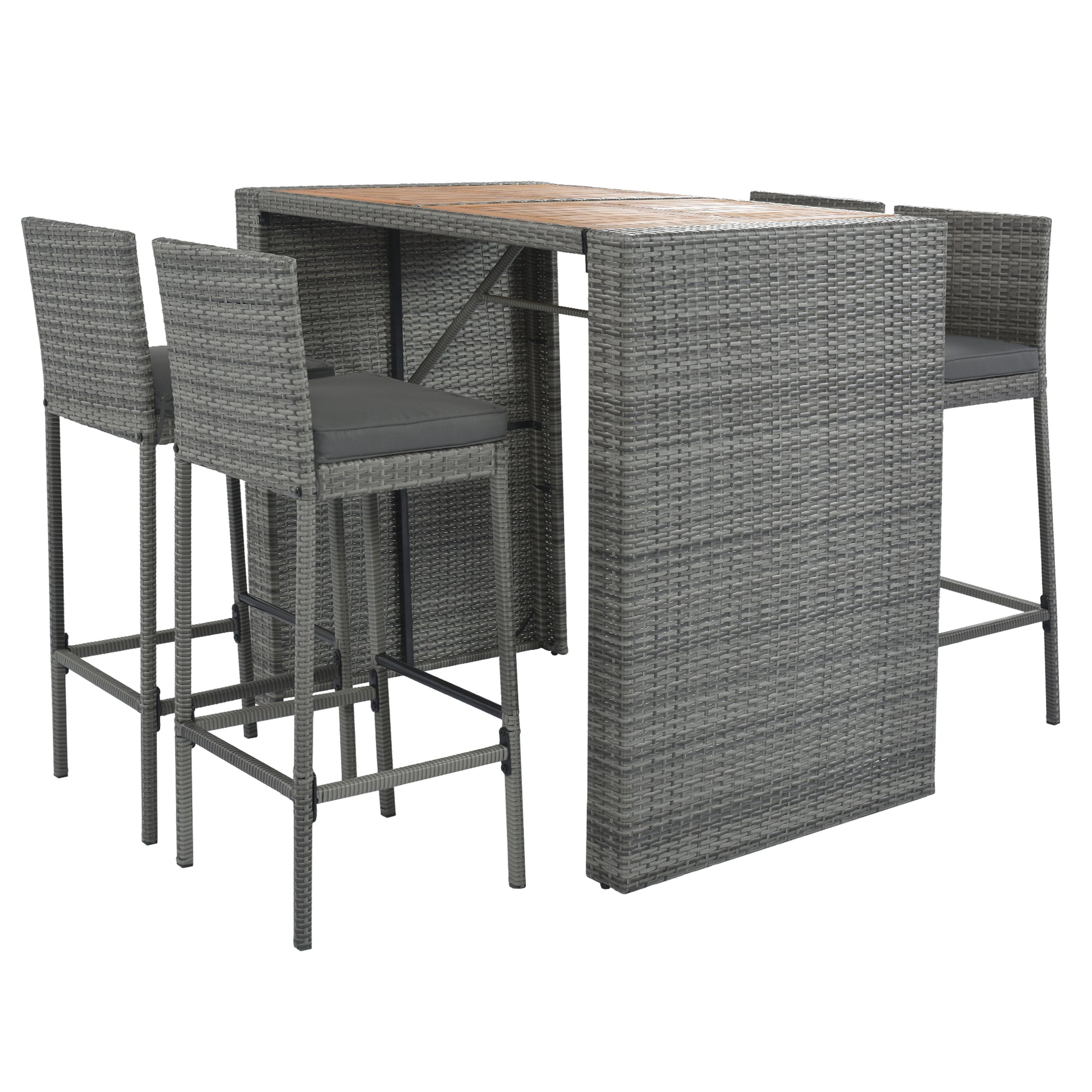<Old SKU: FG201216AAE> GO 5-pieces Outdoor Patio Wicker Bar Set, Bar Height Chairs With Non-Slip Feet And Fixed Rope, Removable Cushion, Acacia Wood Table Top, Brown Wood And Gray Wicker image 9