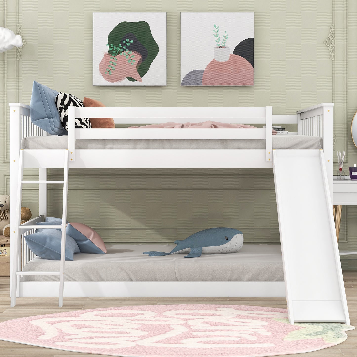 Full over Full Bunk Bed with Convertible Slide and Ladder, White(Old SKU: GX000708AAK) image 2