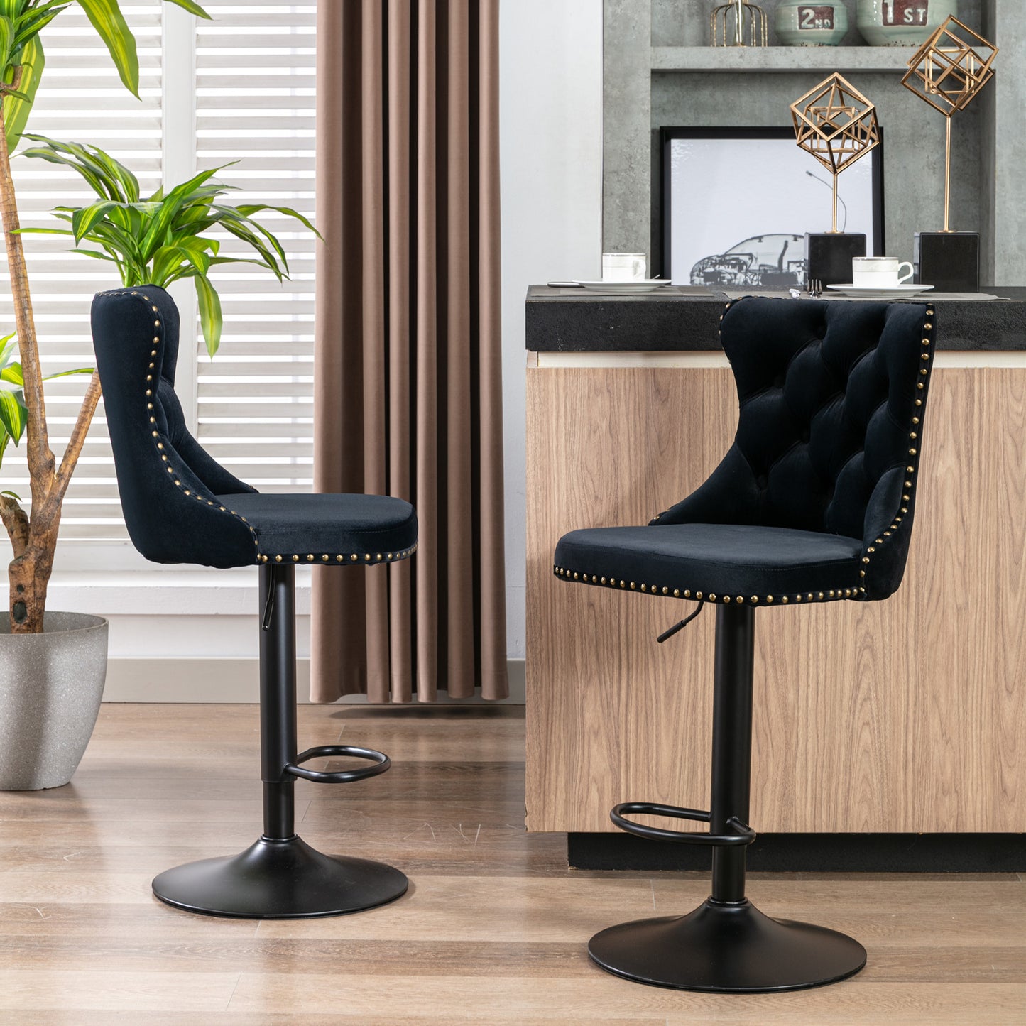 A&A Furniture,Swivel Velvet Barstools Adjusatble Seat Height from 25-33 Inch,17.7 inch base, Modern Upholstered Bar Stools with Backs Comfortable Tufted for Home Pub and Kitchen Island,Black,Set of 2 image 1