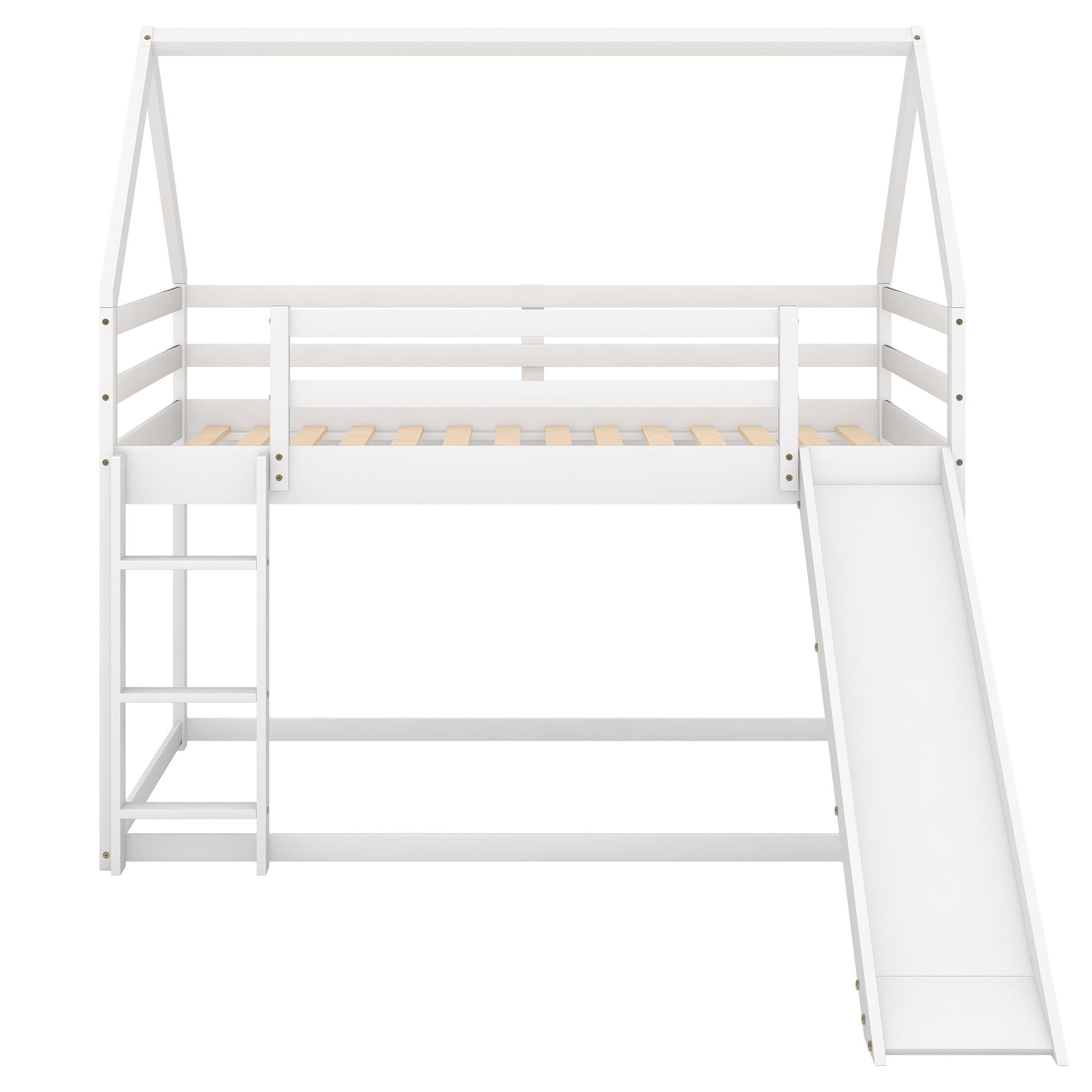Twin Size Bunk House Bed with Slide and Ladder,White image 12
