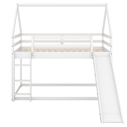 Twin Size Bunk House Bed with Slide and Ladder,White image 12