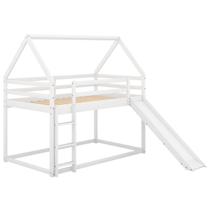 Twin Size Bunk House Bed with Slide and Ladder,White image 6