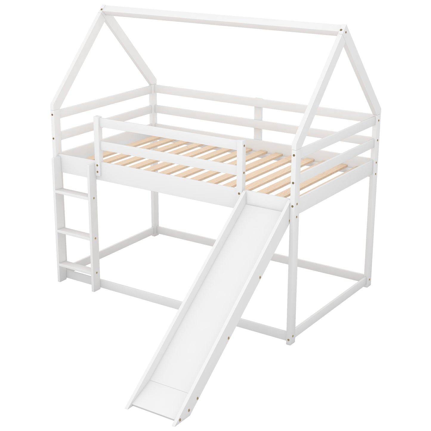 Twin Size Bunk House Bed with Slide and Ladder,White image 7
