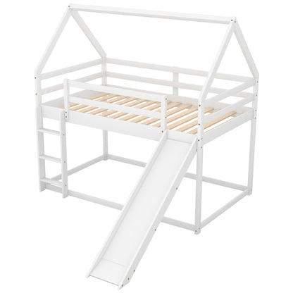 Twin Size Bunk House Bed with Slide and Ladder,White image 7