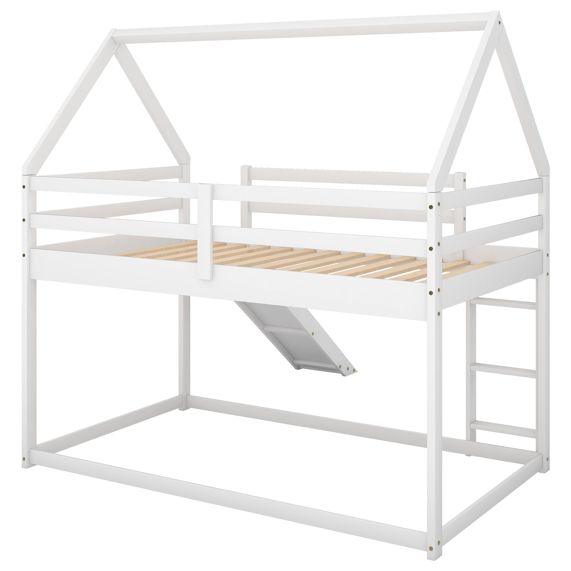 Twin Size Bunk House Bed with Slide and Ladder,White image 10