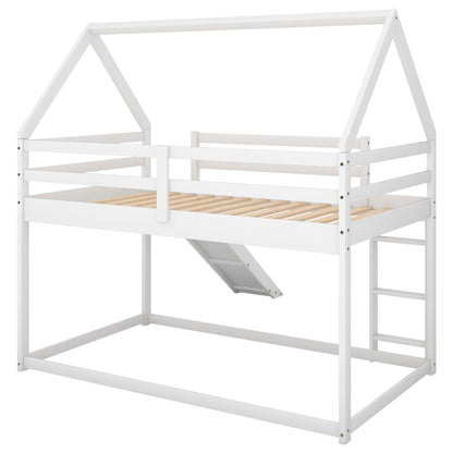 Twin Size Bunk House Bed with Slide and Ladder,White image 10