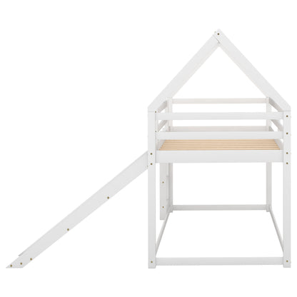 Twin Size Bunk House Bed with Slide and Ladder,White image 11