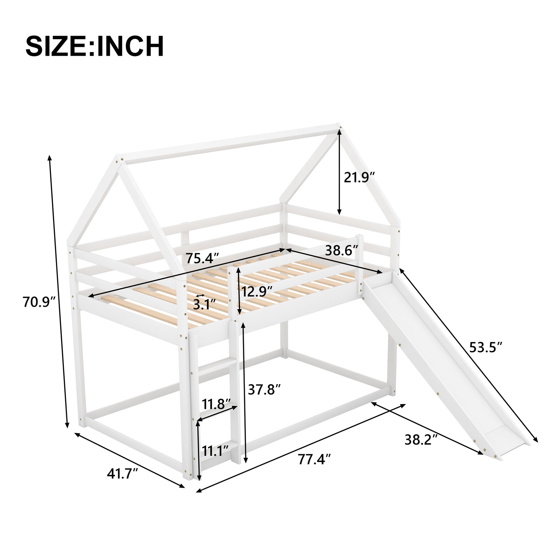 Twin Size Bunk House Bed with Slide and Ladder,White image 5