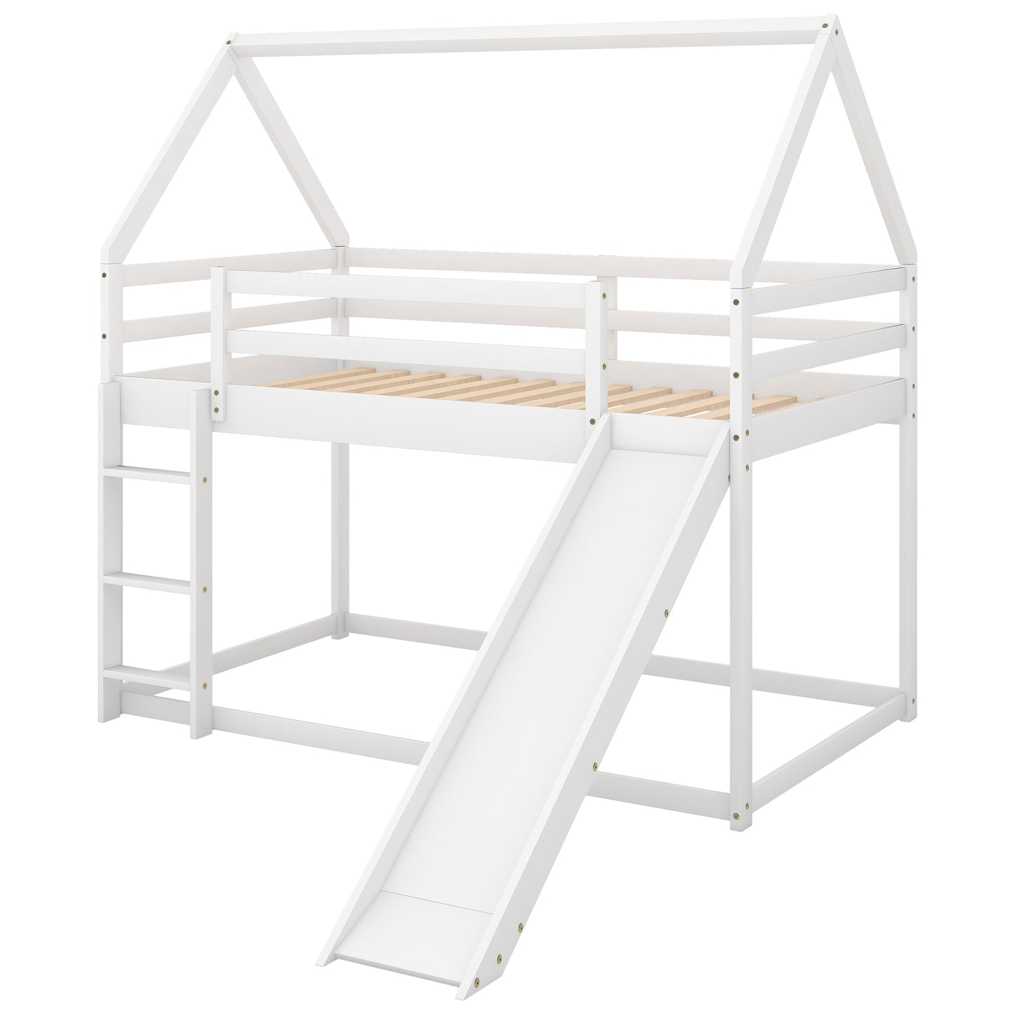 Twin Size Bunk House Bed with Slide and Ladder,White image 9