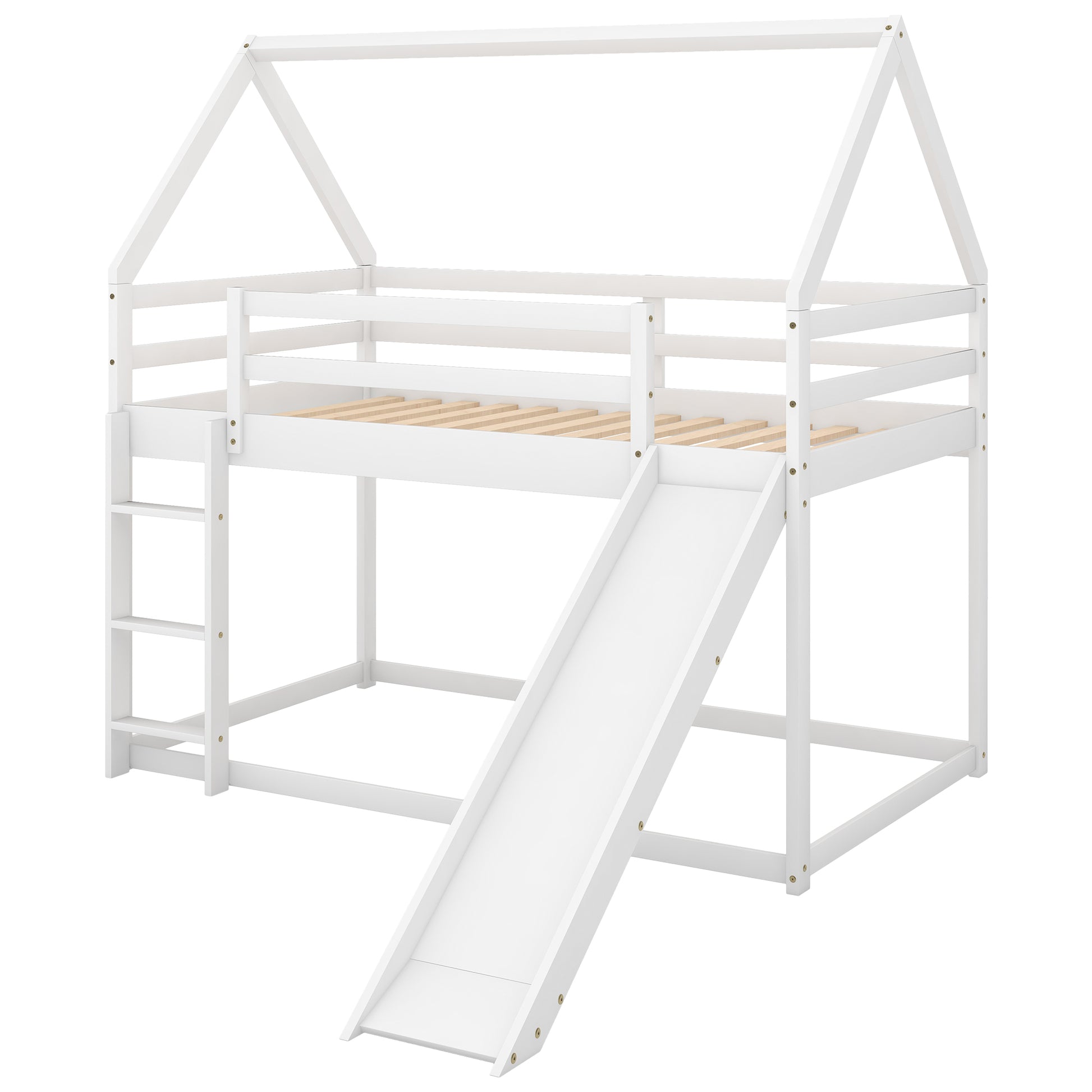 Twin Size Bunk House Bed with Slide and Ladder,White image 9