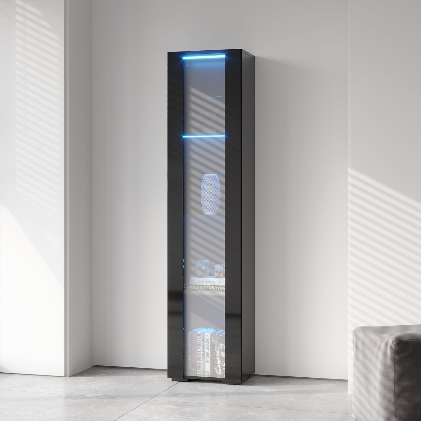 Black side cabinet with aluminum strip lamp,With large storage space image 5