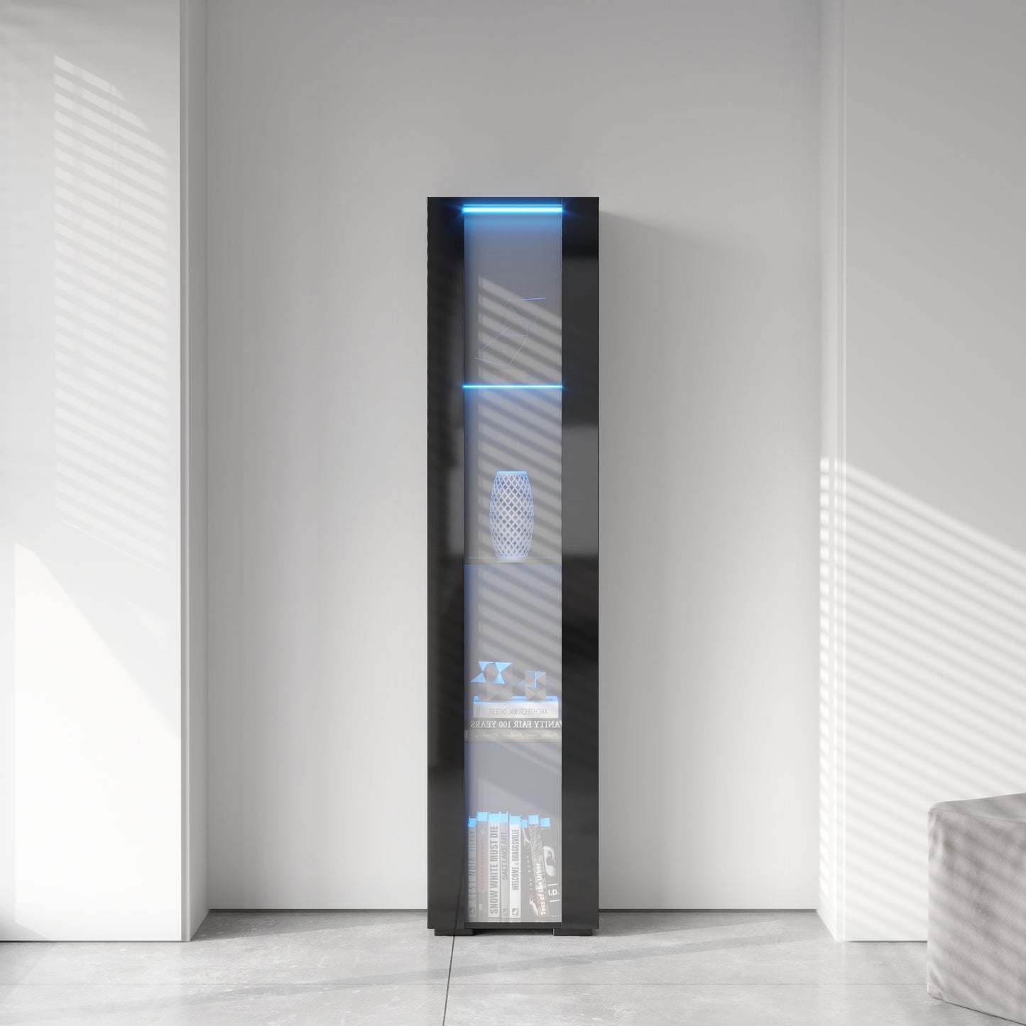 Black side cabinet with aluminum strip lamp,With large storage space image 4