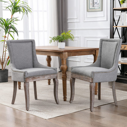 A&A Furniture,Ultra Side Dining Chair，Thickened fabric chairs with neutrally toned solid wood legs， Bronze nail head，Set of 2，Gray image 1