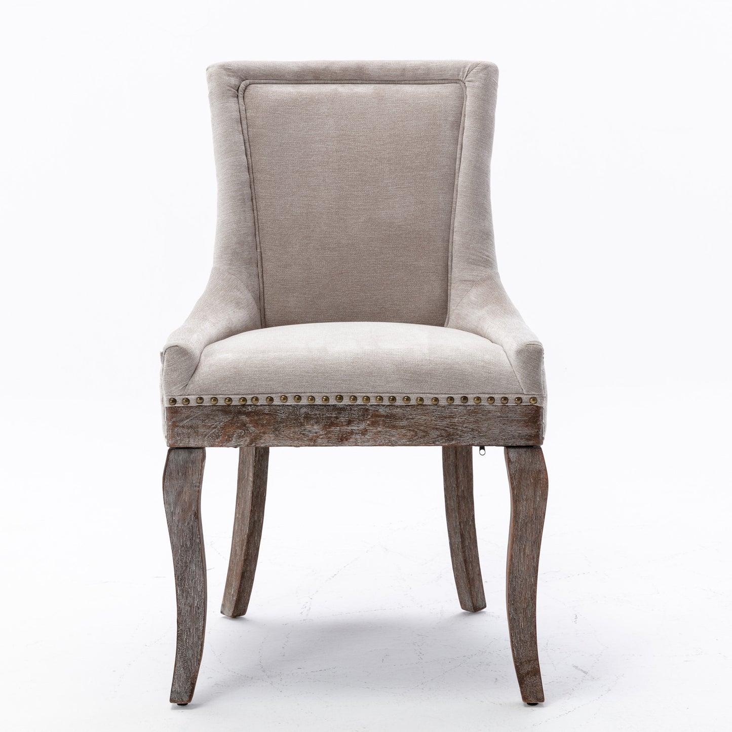 A&A Furniture,Ultra Side Dining Chair，Thickened fabric chairs with neutrally toned solid wood legs， Bronze nail head，Set of 2，Beige image 2