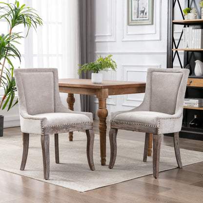 A&A Furniture,Ultra Side Dining Chair，Thickened fabric chairs with neutrally toned solid wood legs， Bronze nail head，Set of 2，Beige image 1