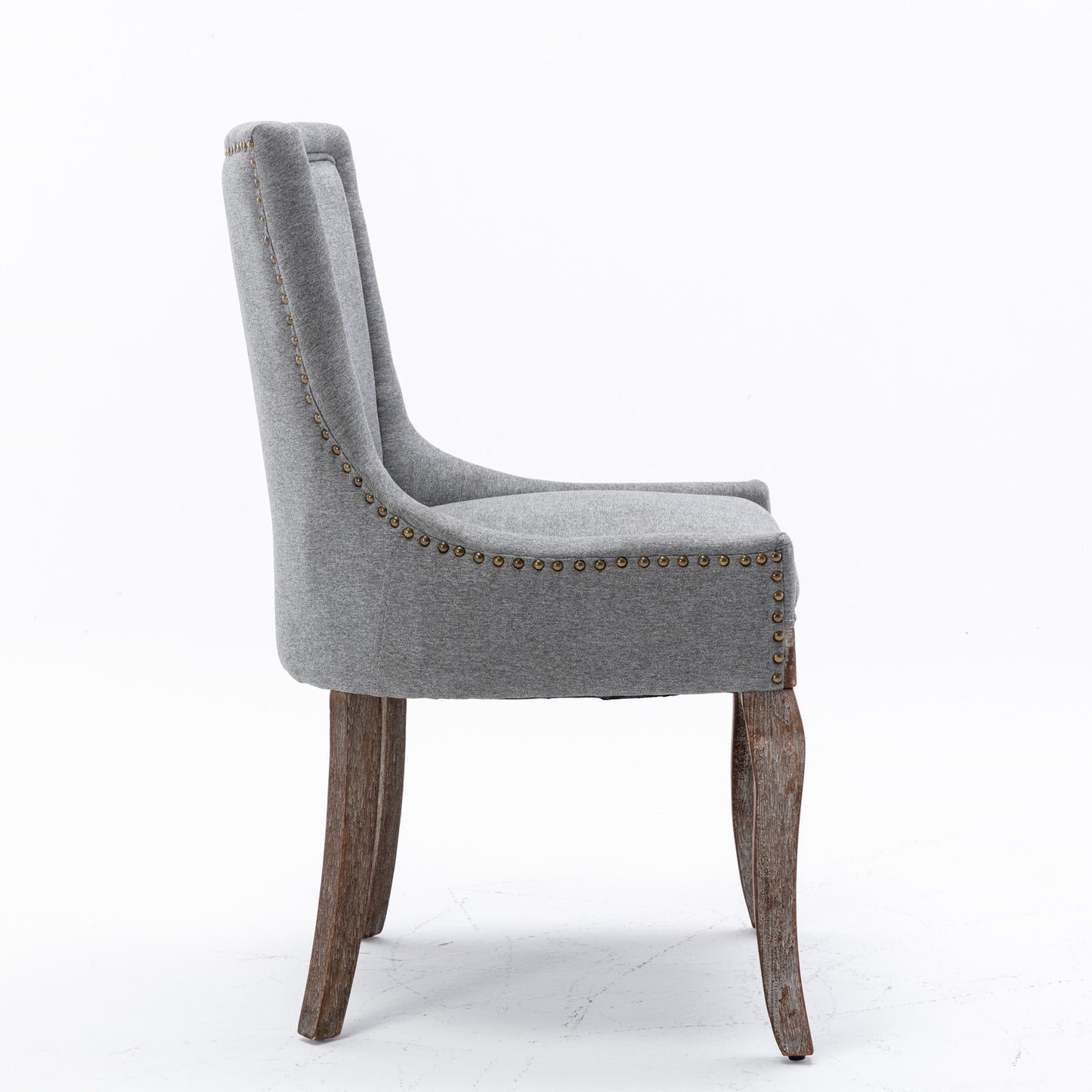 A&A Furniture,Ultra Side Dining Chair，Thickened fabric chairs with neutrally toned solid wood legs， Bronze nail head，Set of 2，Gray image 4