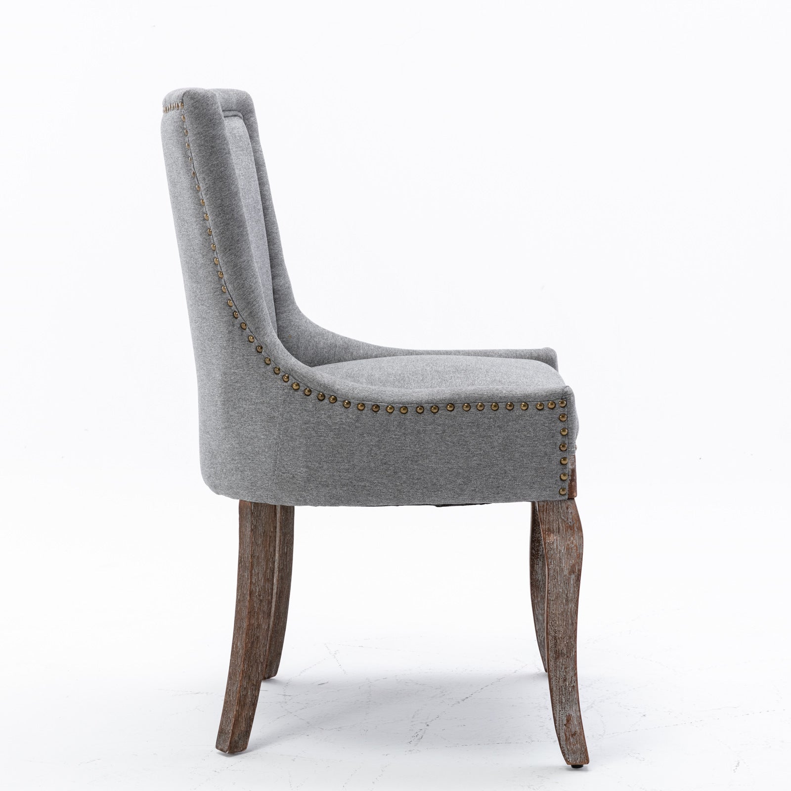 A&A Furniture,Ultra Side Dining Chair，Thickened fabric chairs with neutrally toned solid wood legs， Bronze nail head，Set of 2，Gray image 4