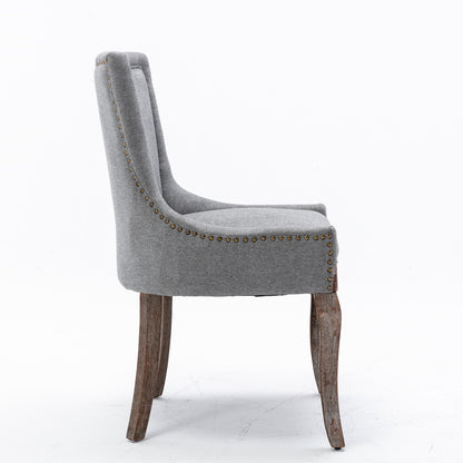 A&A Furniture,Ultra Side Dining Chair，Thickened fabric chairs with neutrally toned solid wood legs， Bronze nail head，Set of 2，Gray image 4