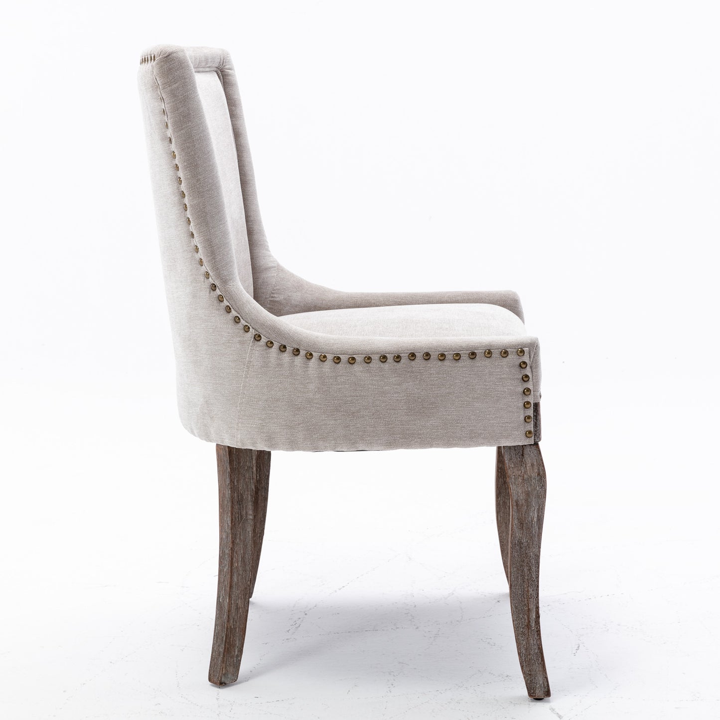 A&A Furniture,Ultra Side Dining Chair，Thickened fabric chairs with neutrally toned solid wood legs， Bronze nail head，Set of 2，Beige image 4