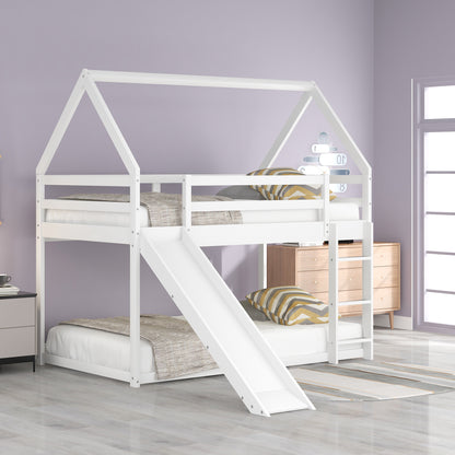 Twin Size Bunk House Bed with Slide and Ladder,White image 1
