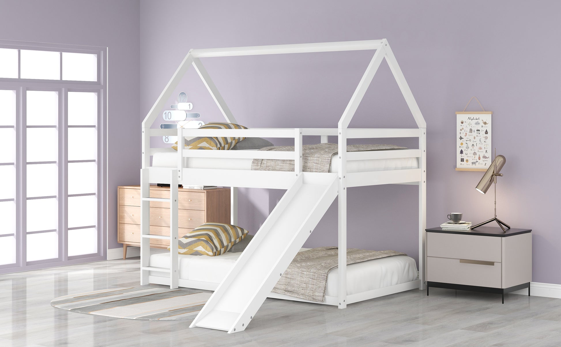 Twin Size Bunk House Bed with Slide and Ladder,White image 4