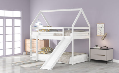 Twin Size Bunk House Bed with Slide and Ladder,White image 4