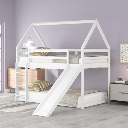Twin Size Bunk House Bed with Slide and Ladder,White image 2