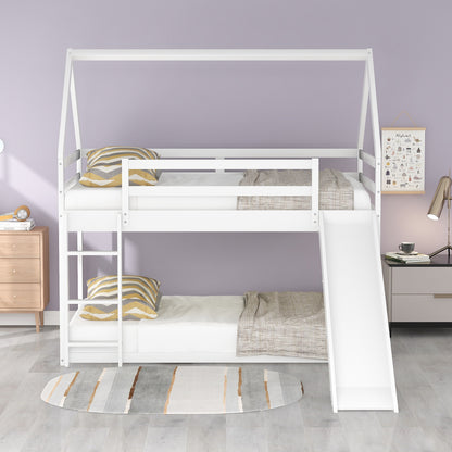 Twin Size Bunk House Bed with Slide and Ladder,White image 3
