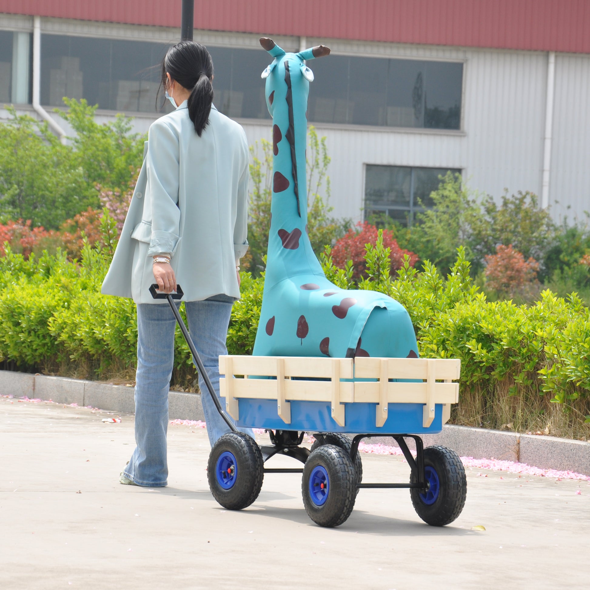 Outdoor Wagon All Terrain Pulling Wood Railing Air Tires Garden Cart image 8