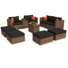 Updated 5 Pieces Outdoor Patio Garden Brown Wicker Sectional Conversation Sofa Set with Black Cushions and Red Pillows,w/ Furniture Protection Cover