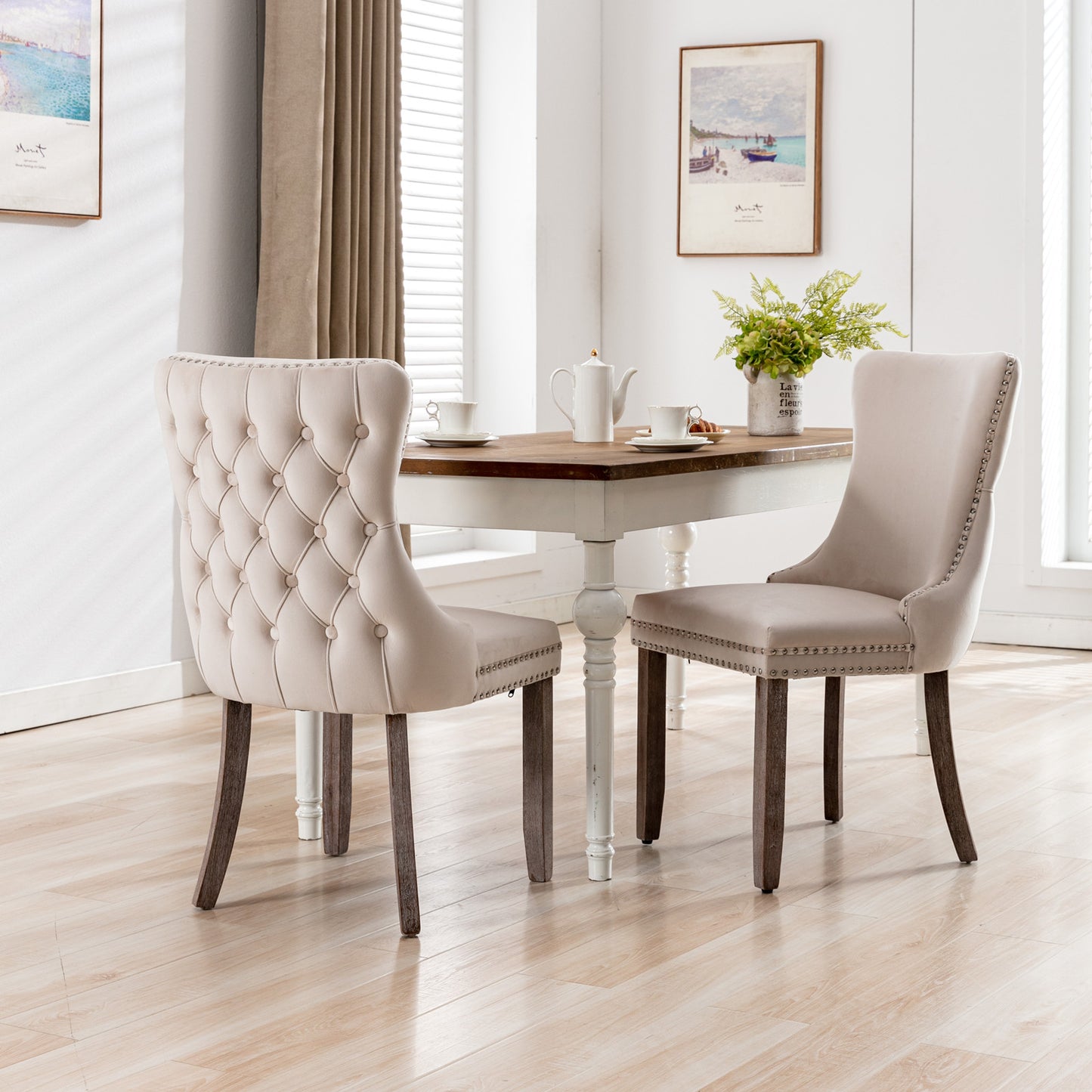 A&A Furniture,Upholstered Wing-Back Dining Chair with Backstitching Nailhead Trim and Solid Wood Legs,Set of 2, Beige,SW8809BG,KD image 1